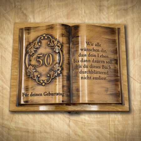 Holzbuch mit Weinlaubmotiv zum 50. Geburtstag